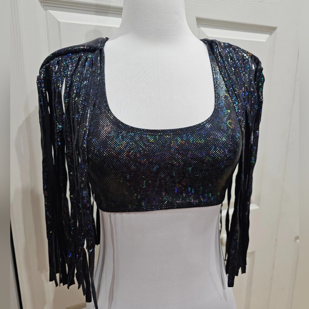 Dolls Kill Black Holographic Rave Roma Holo Shimmer Fringe Crop Top S New